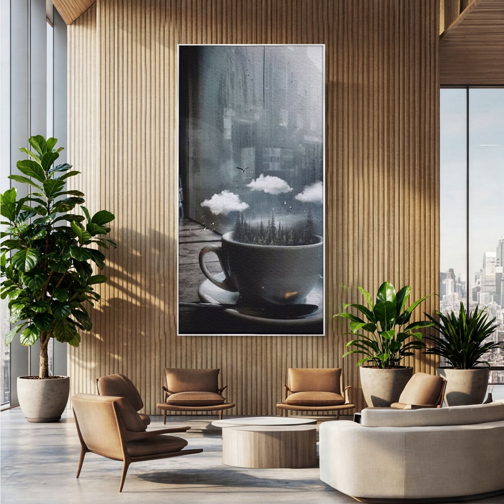 Tablou canvas cu ceasca de cafea cu padure si nori, in rama de aluminiu argintiu, pe perete intr-un birou